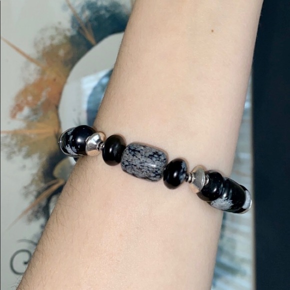 Snowflake obsidian and sterling silver bracelet - Picture 4 of 5